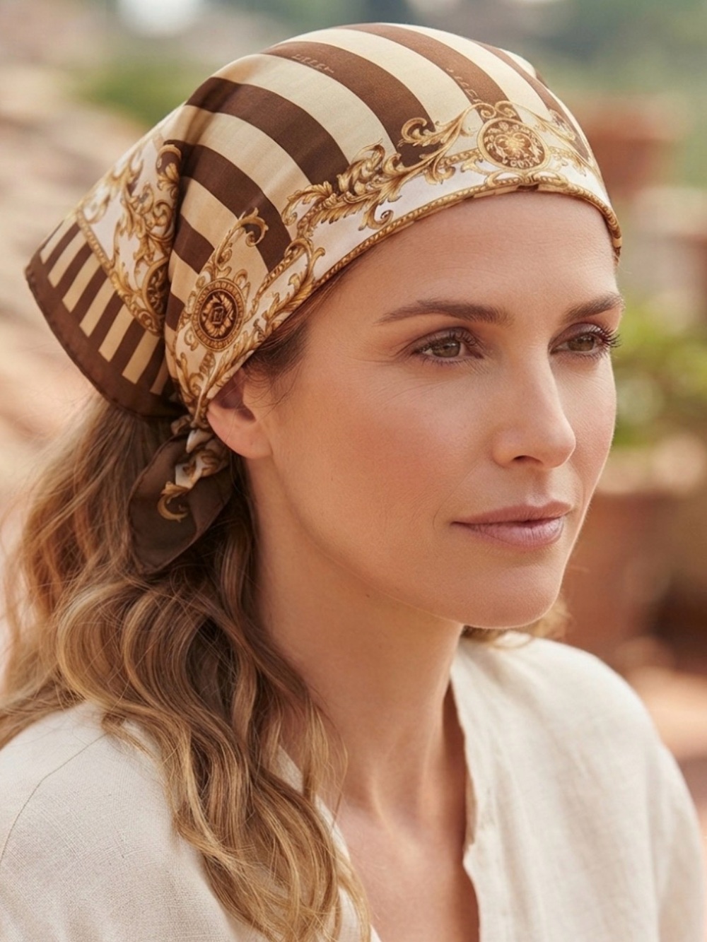 Fendi Brown & Cream Baroque Stripe Silk Headscarf